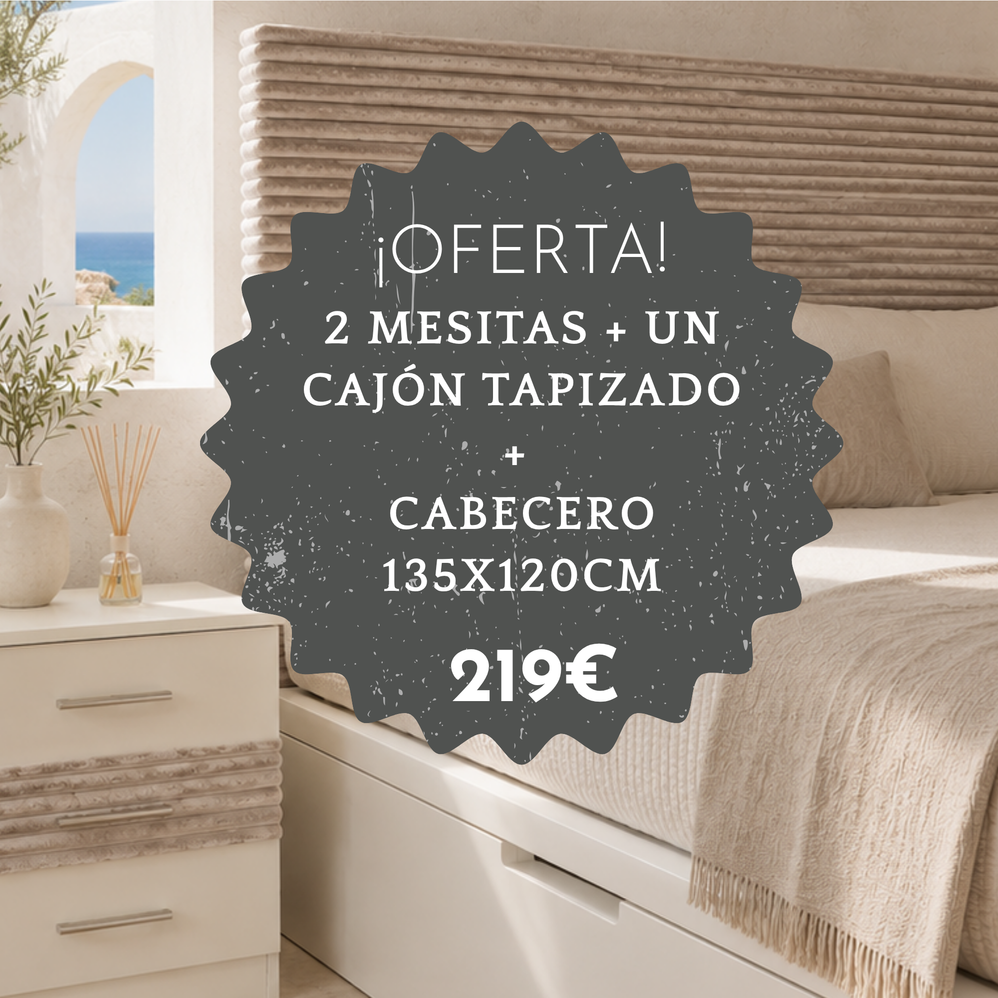 Pack de cabecero tapizado + 2 mesitas a juego